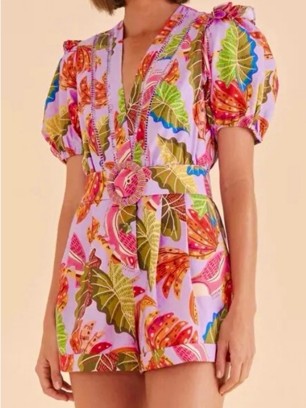 FARM Rio Pink Tropical Print Puff-Sleeve Romper